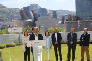 Presentación Coalición Europea CEUS - Izaskun Bilbao Barandica (EAJ-PNV), Luis Padilla (CC), Juan Carlos Piñeiro (CxG), Daniel Innerarity (GB), María del Mar Llaneras (El Pi) y Lluis Vicent Bertomeu (