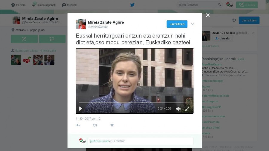 Mireia Zarate, secretaria del EBB, seguidora número 20.000 de EAJ-PNV en Twitter